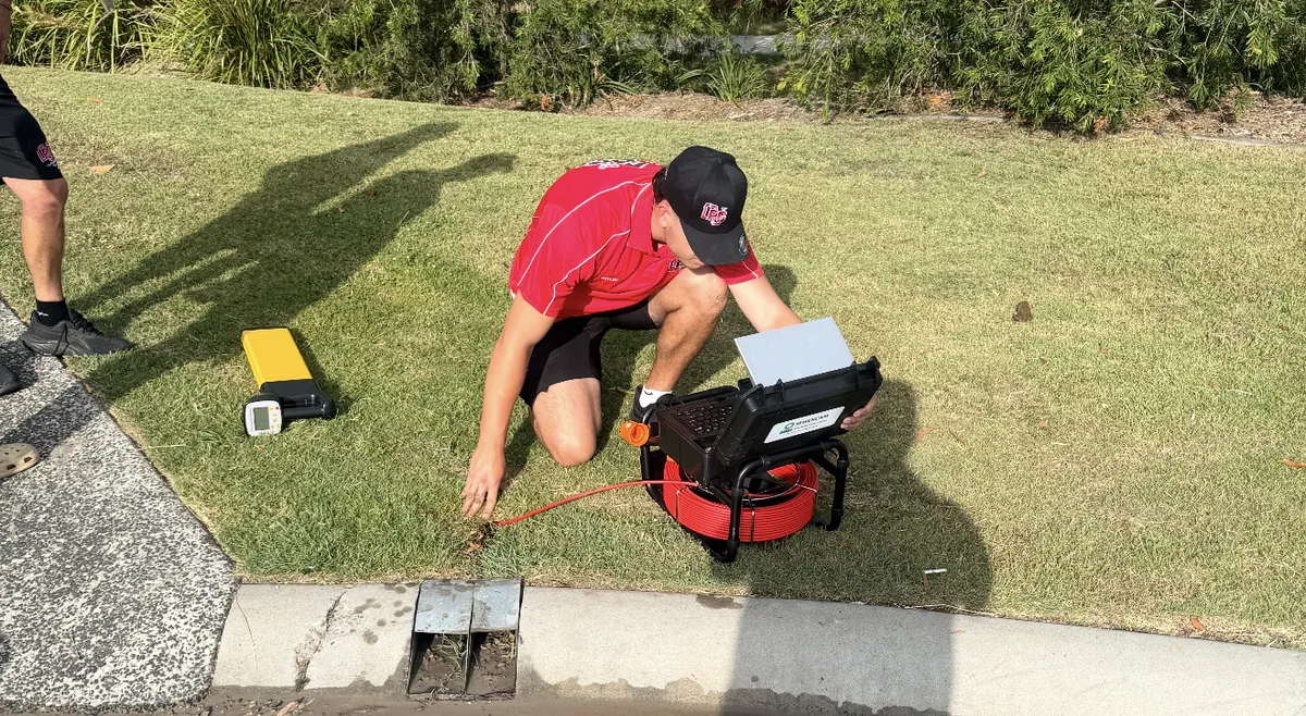 Logan Plumbing & Gas plumber feeding a drain inspection camera into a kerb outlet